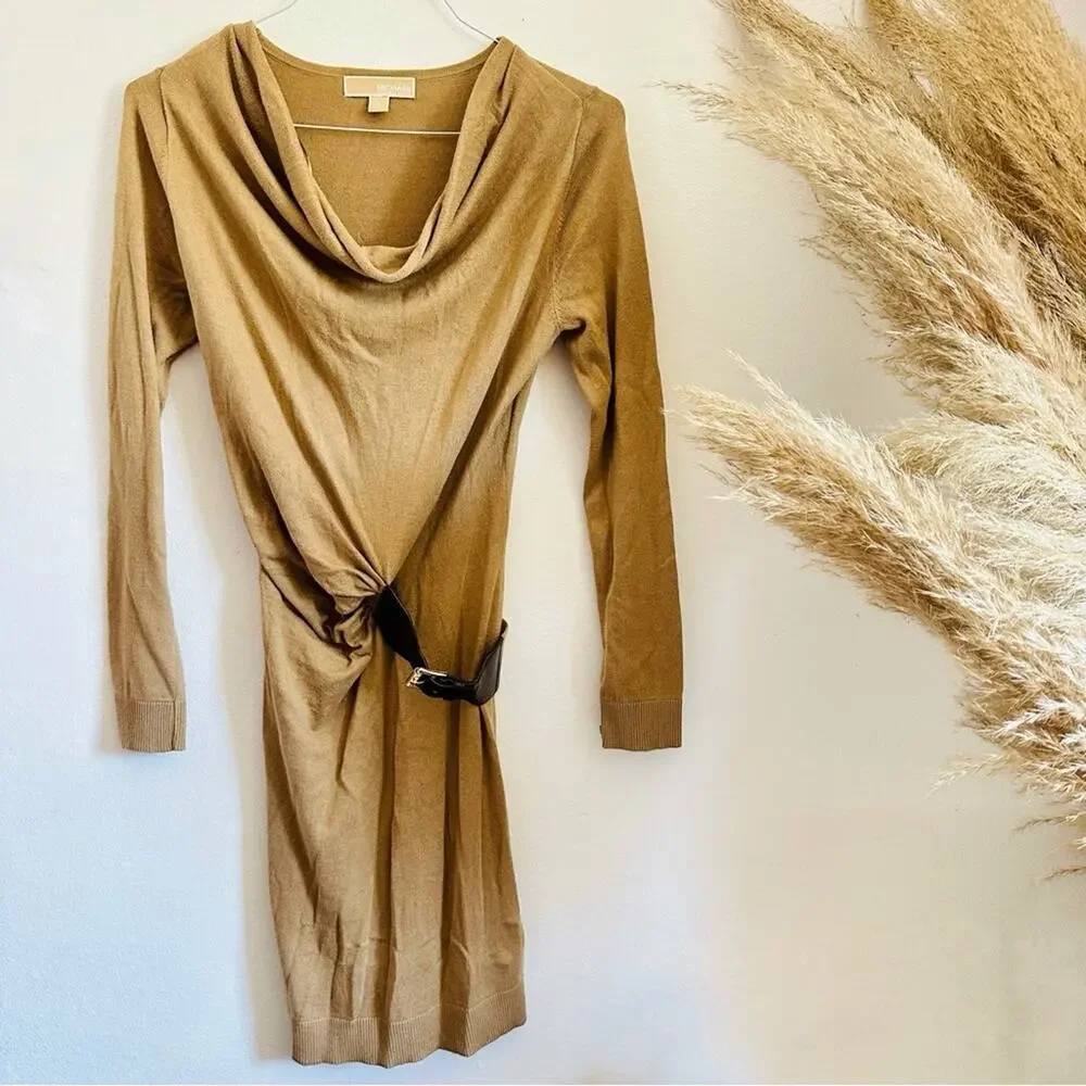 MK MICHAEL KORS Cream Tan Brown Leather Buckle Belt Cowl Neck Sweater Dress S